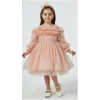 Kız Çocuk Somon Parıltılı Üstü Tül Detaylı Kabarık Elbise Abiye Gelinlik