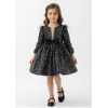 Kız Çocuk Siyah Pul Payetli Tüy Detaylı Uzun Kol Bisiklet Yaka Grenli Kabarık Elbise