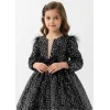 Kız Çocuk Siyah Pul Payetli Tüy Detaylı Uzun Kol Bisiklet Yaka Grenli Kabarık Elbise