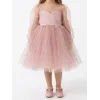 Kız Çocuk Pudra Şeffaf Üstlü Flok Tüllü Kabarık Elbise