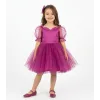 Kız Çocuk Fuşya Kalp Detaylı Kısa Balon Kol Kabarık Elbise