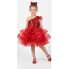 Kız Çocuk Kırmızı Payetli Grenli Tek Omuz Kabarık Elbise