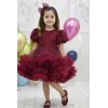 Kız Çocuk Abiye Bordo Parıltılı Fırfır Detaylı Kabarık Gelinlik Elbise