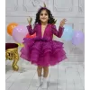 Kız Çocuk Abiye Fuşya Payetli Boncuklu Kabarık Parıltılı Elbise