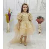 Kız Çocuk Bej Kuyruklu Boncuklu Payetli Kabarık Elbise