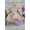 Kız Çocuk Bej Renk Parıltılı Kısa Kol Kabarık Elbise