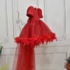 Kız Çocuk Kırmızı Arkası Tüylü Kısa Balon Kol Elbise Abiye