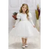 Kız Çocuk Beyaz Boncuklu Balon ve Düz Kol Elbise