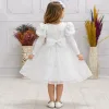 Kız Çocuk Beyaz Boncuklu Balon ve Düz Kol Elbise