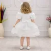 Kız Çocuk Beyaz Boncuklu Payetli Kısa Balon Kol Taşlı Boncuklu Elbise