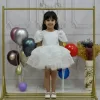 Kız Çocuk Beyaz Boncuklu Payetli Kısa Balon Kol Taşlı Boncuklu Elbise