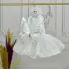 Kız Çocuk Beyaz Boncuklu Payetli Kısa Balon Kol Taşlı Boncuklu Elbise