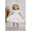 Kız Çocuk Beyaz Boncuklu Payetli Kısa Balon Kol Taşlı Boncuklu Elbise