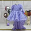 Kız Çocuk Lila Gül Desenli Kuyruklu Elbise Abiye
