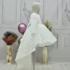 Kız Çocuk Beyaz Gül Desenli Kuyruklu Uzun Kol Elbise Abiye