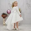 Kız Çocuk Beyaz Gül Desenli Kuyruklu Uzun Kol Elbise Abiye
