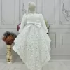 Kız Çocuk Beyaz Gül Desenli Kuyruklu Uzun Kol Elbise Abiye