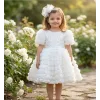 Kız Çocuk Beyaz Gül Desenli ve Boncuklu Kısa Balon Kol