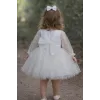 Kız Çocuk Beyaz İncili Uzun Kol Kabarık Elbise