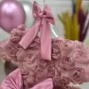 Kız Çocuk Gül Kurusu Gül Desenli Kısa Balon Kol Kabarık Elbise