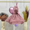 Kız Çocuk Gül Kurusu Gül Desenli Kısa Balon Kol Kabarık Elbise