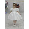 Kız Çocuk Beyaz Kare Yaka Balon Kol Uzun Fiyonklu İnci İşlemeli Elbise