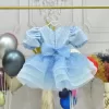 Kız Çocuk Bebe mavisi Kısa Balon Kol Taşlı Boncuklu Elbise