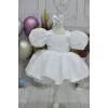 Kız Çocuk Beyaz Parıltılı Dalgalı Tül Kabarık Elbise