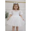 Kız Çocuk Beyaz Şeffaf Flok Pauantiyeli Kalp Detaylı Prenses Kol Detaylı Kabarık Elbise