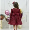 Kız Çocuk Bordo Boncuklu Düz Kol Elbise