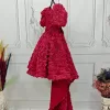Kız Çocuk Bordo Gül Desenli Kuyruklu Kısa Kol Elbise Abiye