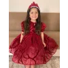 Kız Çocuk Bordo Organze Parıltılı Desenli Kloş Balon Kol Kabarık Elbise