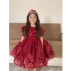 Kız Çocuk Bordo Organze Parıltılı Desenli Kloş Balon Kol Kabarık Elbise