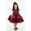 Kız Çocuk Bordo Payetli Boncuklu Ay Kol Etekli Fırfır Kabarık Elbise
