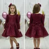 Kız Çocuk Bordo Payetli Omuz Tül Detaylı Kabarık Elbise