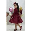Kız Çocuk Bordo Payetli Omuz Tül Detaylı Kabarık Elbise