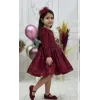 Kız Çocuk Bordo Payetli Omuz Tül Detaylı Kabarık Elbise
