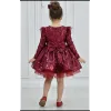 Kız Çocuk Bordo Payetli Ön Dekolteli Kol Tüy Detaylı Uzun Kol Kabarık Elbise