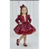 Kız Çocuk Bordo Payetli Ön Dekolteli Kol Tüy Detaylı Uzun Kol Kabarık Elbise