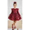 Kız Çocuk Bordo Payetli Tüy Detaylı Uzun Kol Bisiklet Yaka Grenli Kabarık Elbise