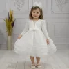 Kız Çocuk Dekolteli Beyaz Taşlı Boncuklu Elbise Gren Etekli Kabarık Elbise