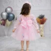 Kız Çocuk Elbise Şeker Pembesi Tül Renkli Çiçek Detaylı Kabarık Elbise
