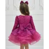 Kız Çocuk Fuşya Boncuklu Payetli Dekolteli Kabarık Elbise