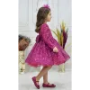 Kız Çocuk Fuşya Boncuklu Payetli Kabarık Elbise Uzun Kol