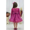 Kız Çocuk Fuşya Boncuklu Payetli Kabarık Elbise Uzun Kol