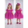Kız Çocuk Fuşya Kalp Detaylı Kısa Balon Kol Kabarık Elbise