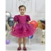 Kız Çocuk Fuşya Kısa Balon Kol Taşlı Boncuklu Elbise