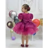 Kız Çocuk Fuşya Kısa Balon Kol Taşlı Boncuklu Elbise