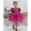 Kız Çocuk Fuşya Kısa Balon Kol Taşlı Boncuklu Elbise