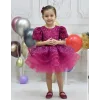 Kız Çocuk Fuşya Kısa Balon Kol Taşlı Boncuklu Elbise